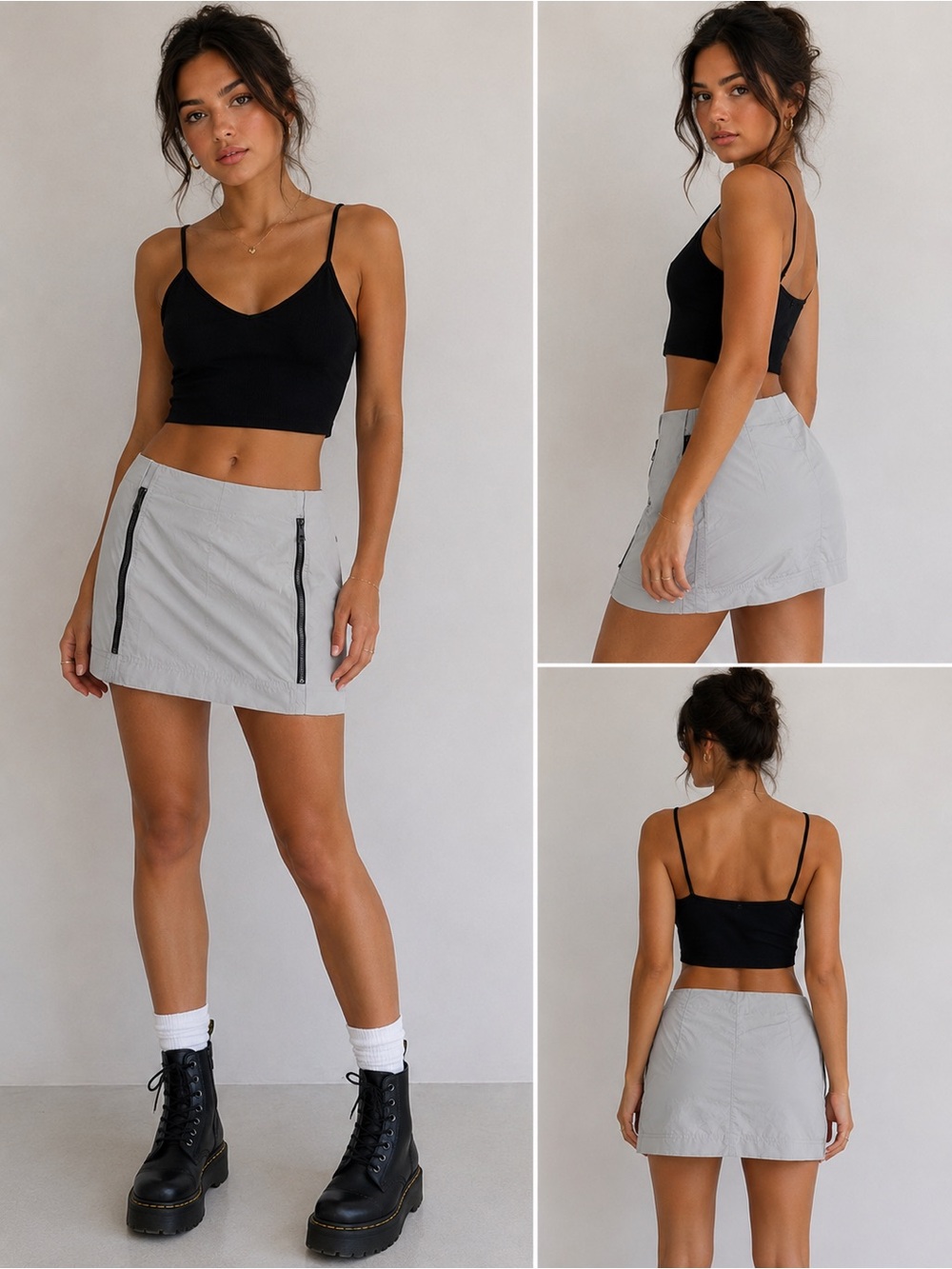 Zara Light Gray Mini Skirt with Black Zip Details